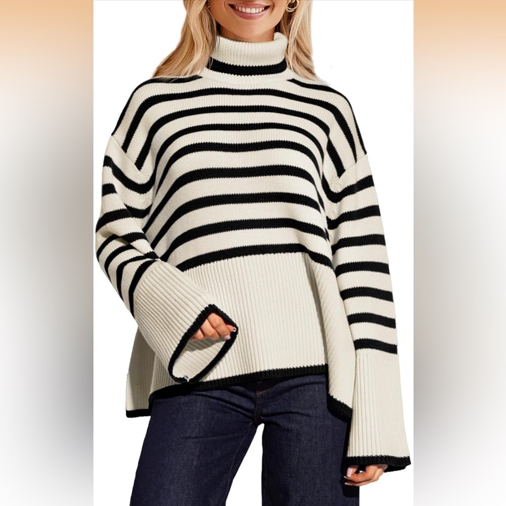 Women's Striped Turtleneck  Long Sleeve Oversized Knitted Soft Sweater S